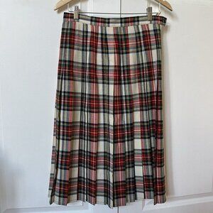 Vintage Plaid Kilt Skirt Womens 26" Wool Red White Tartan Pleated Long Holiday
